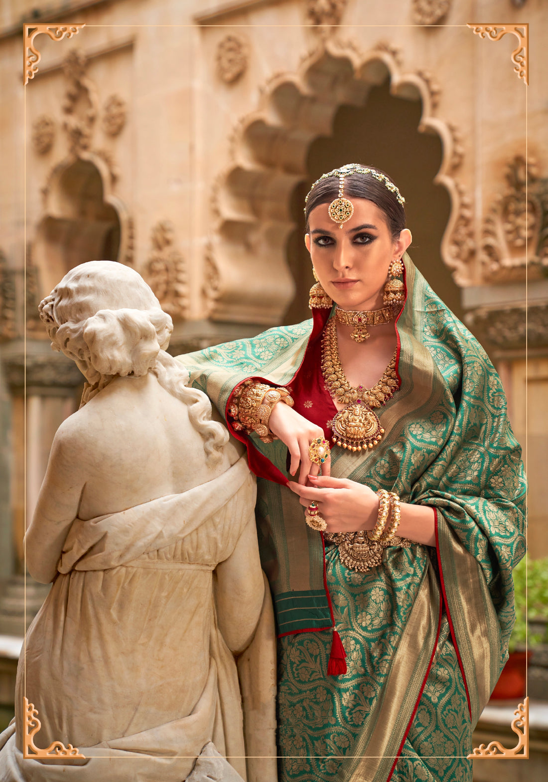 Green and Gold Banarasi Silk Saree with Red Border and Jacquard Weaving