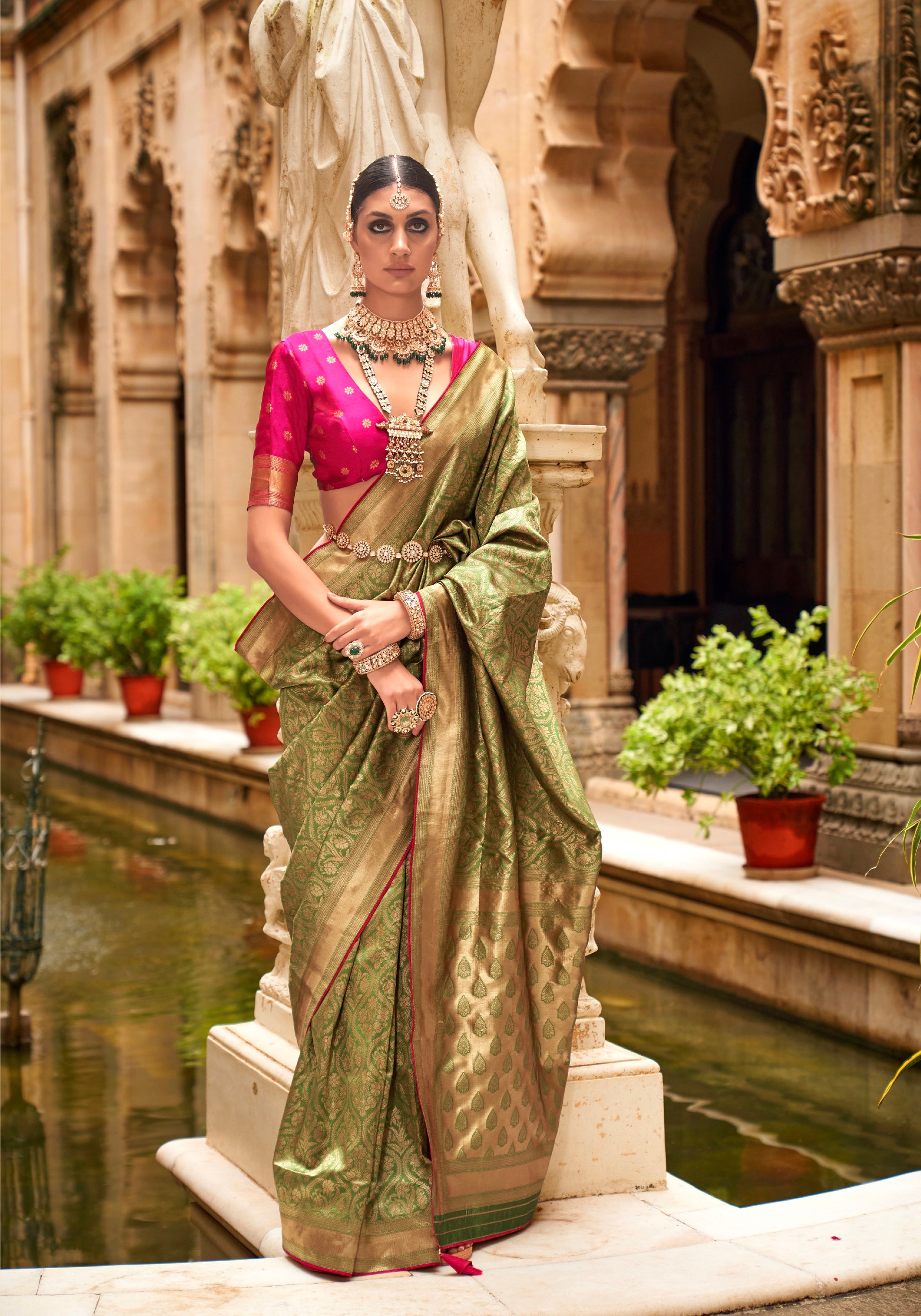 Olive Green and Gold Banarasi Silk Saree with Jacquard Weaving and Blouse