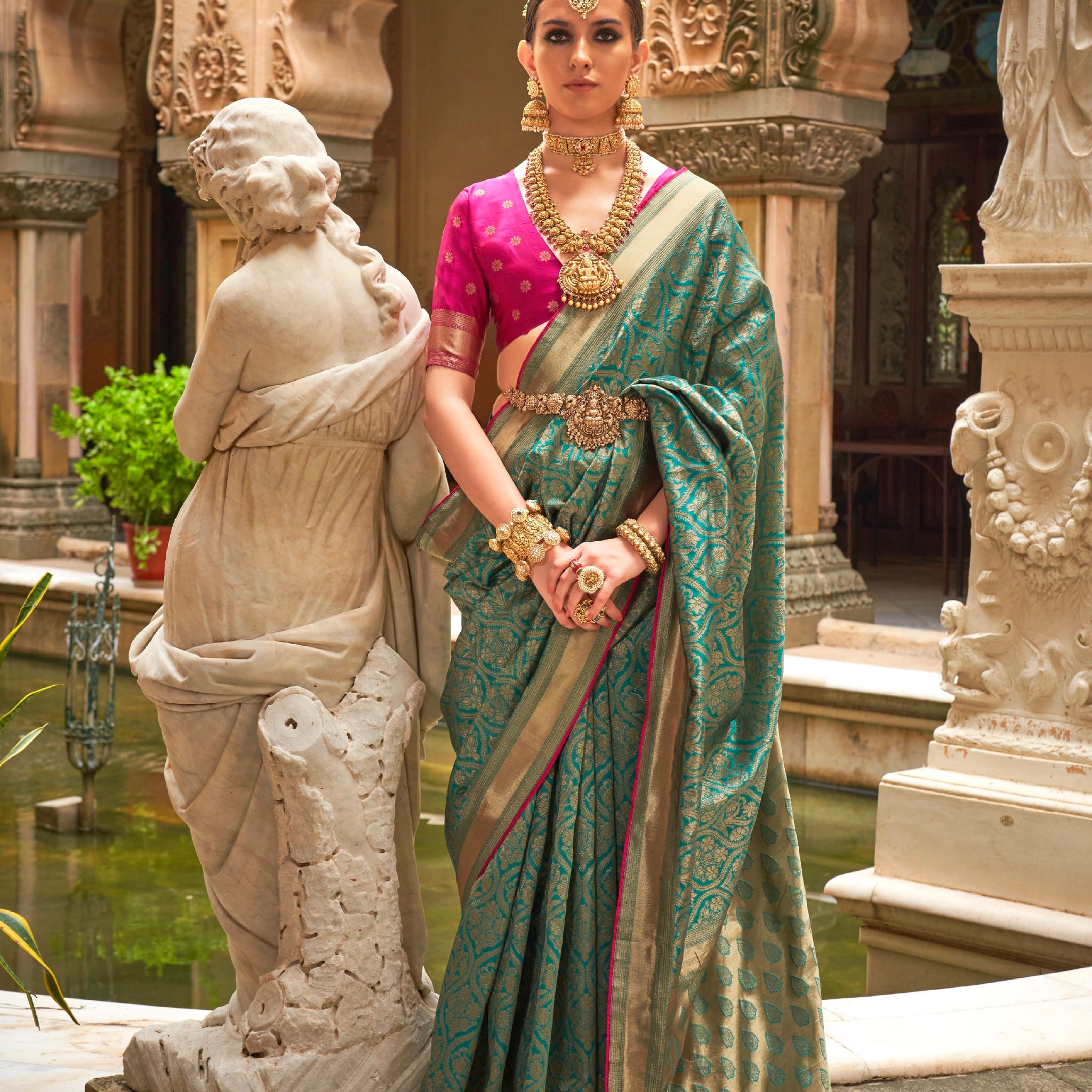 Green and Gold Banarasi Silk Saree with Jacquard Weaving and Blouse