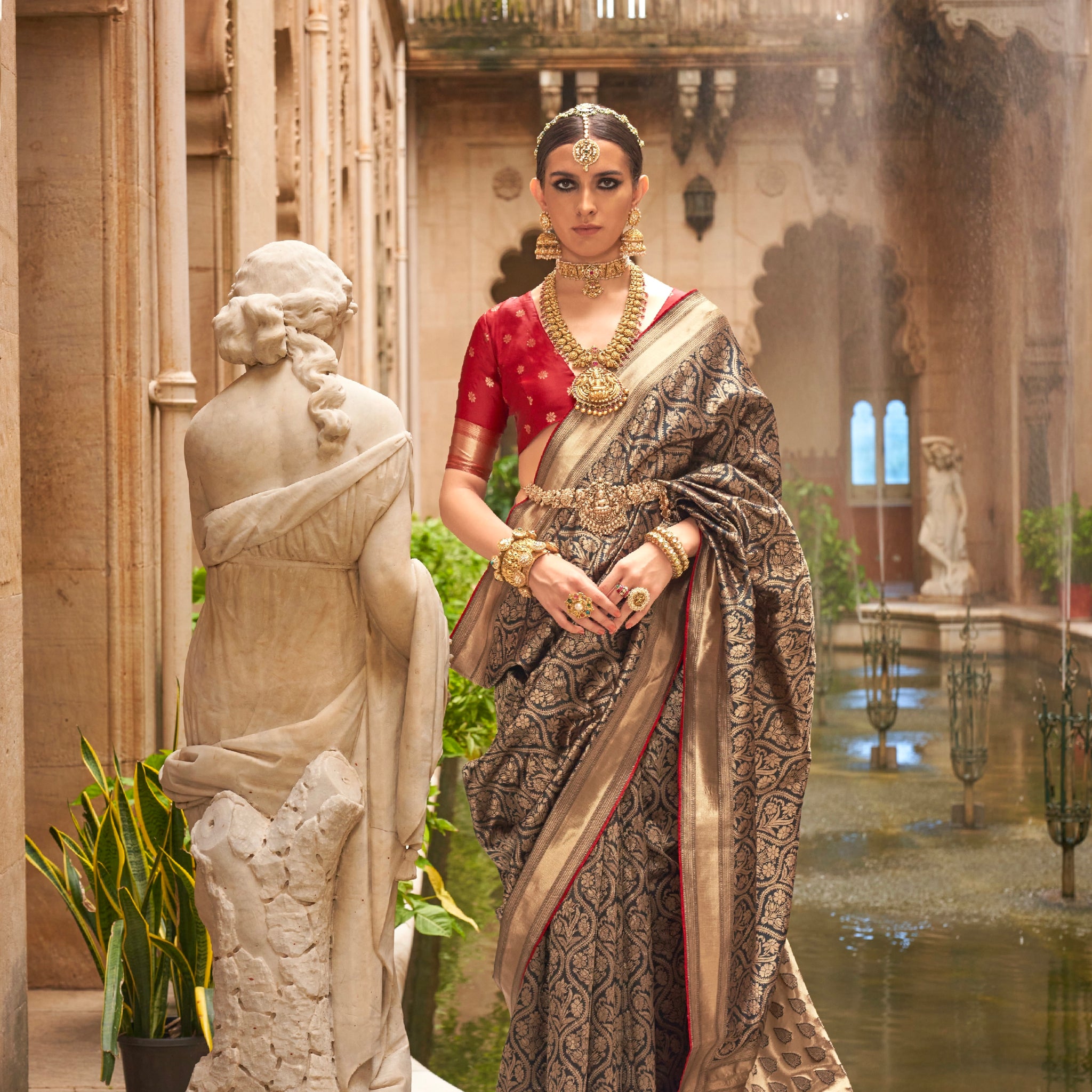 Brown and Gold Banarasi Silk Saree with Jacquard Weaving and Blouse