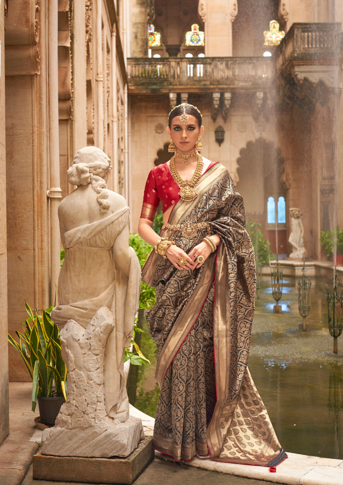 Brown and Gold Banarasi Silk Saree with Jacquard Weaving and Blouse