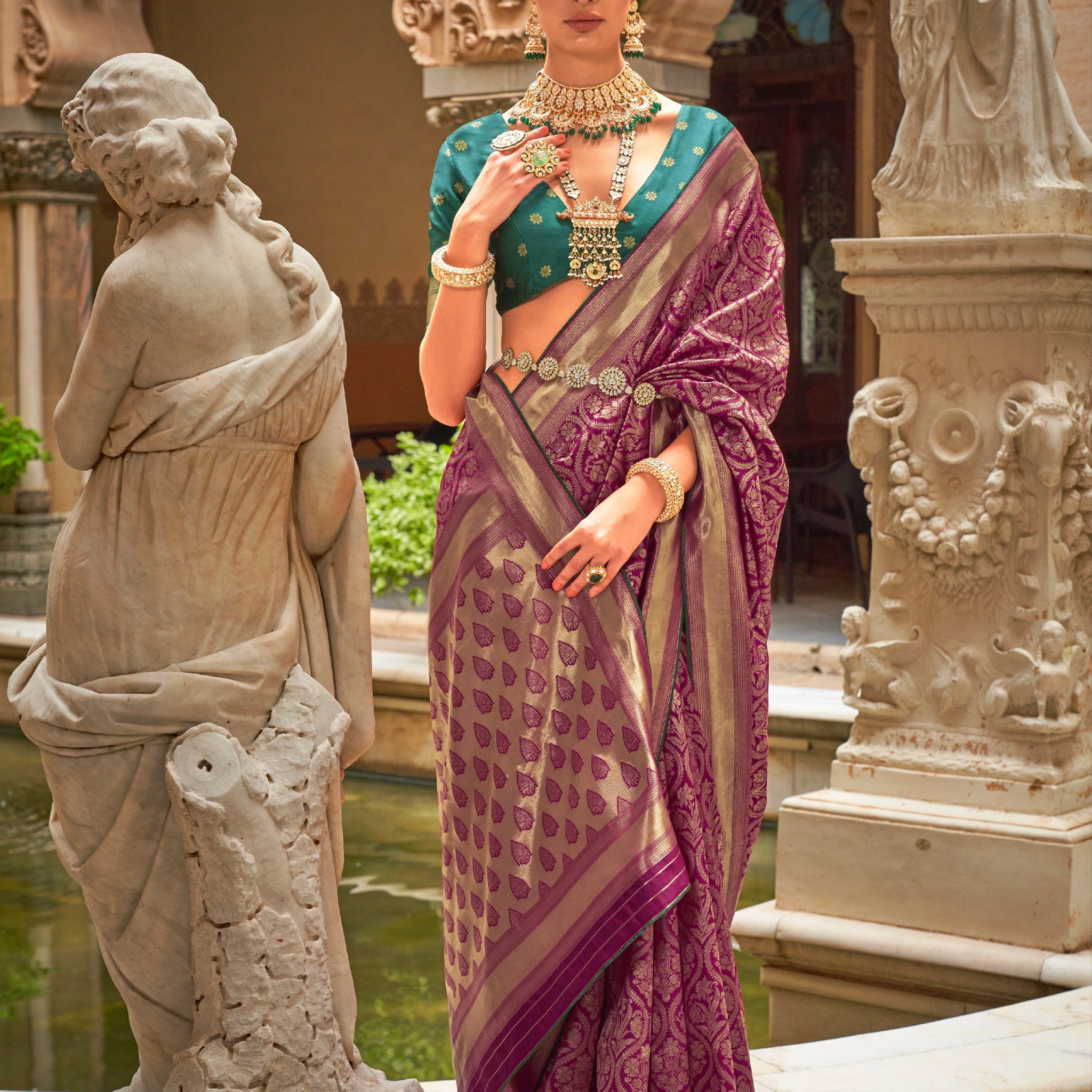 Maroon and Gold Banarasi Silk Saree with Jacquard Weaving and Blouse