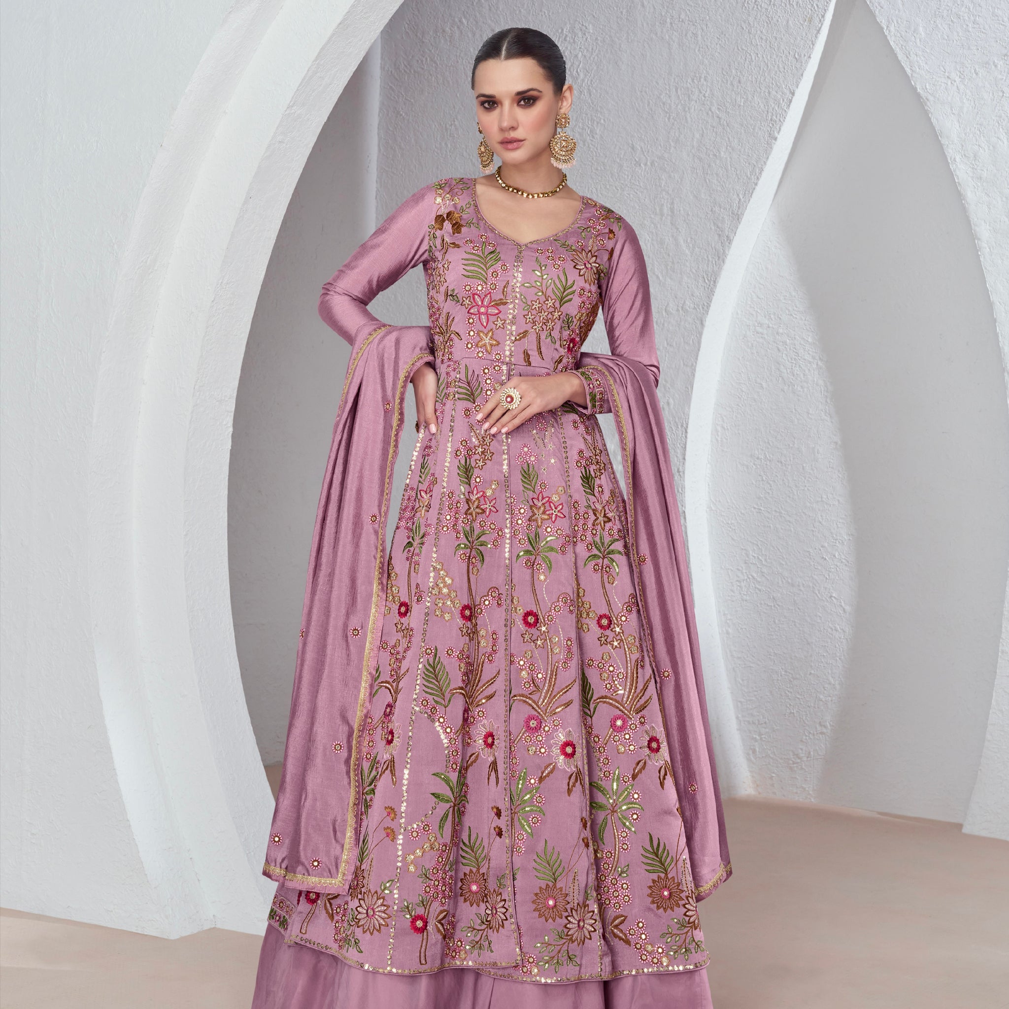 Lilac Embroidered Anarkali Suit with Premium Net Dupatta