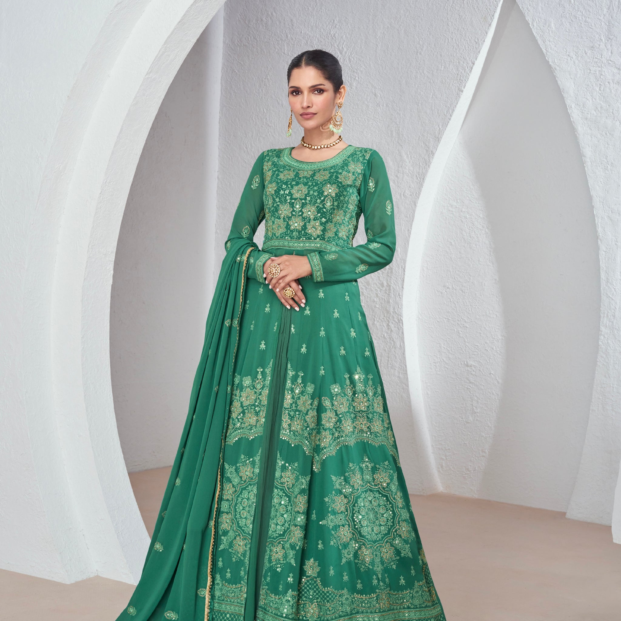 Green Embroidered Anarkali Suit with Premium Net Dupatta