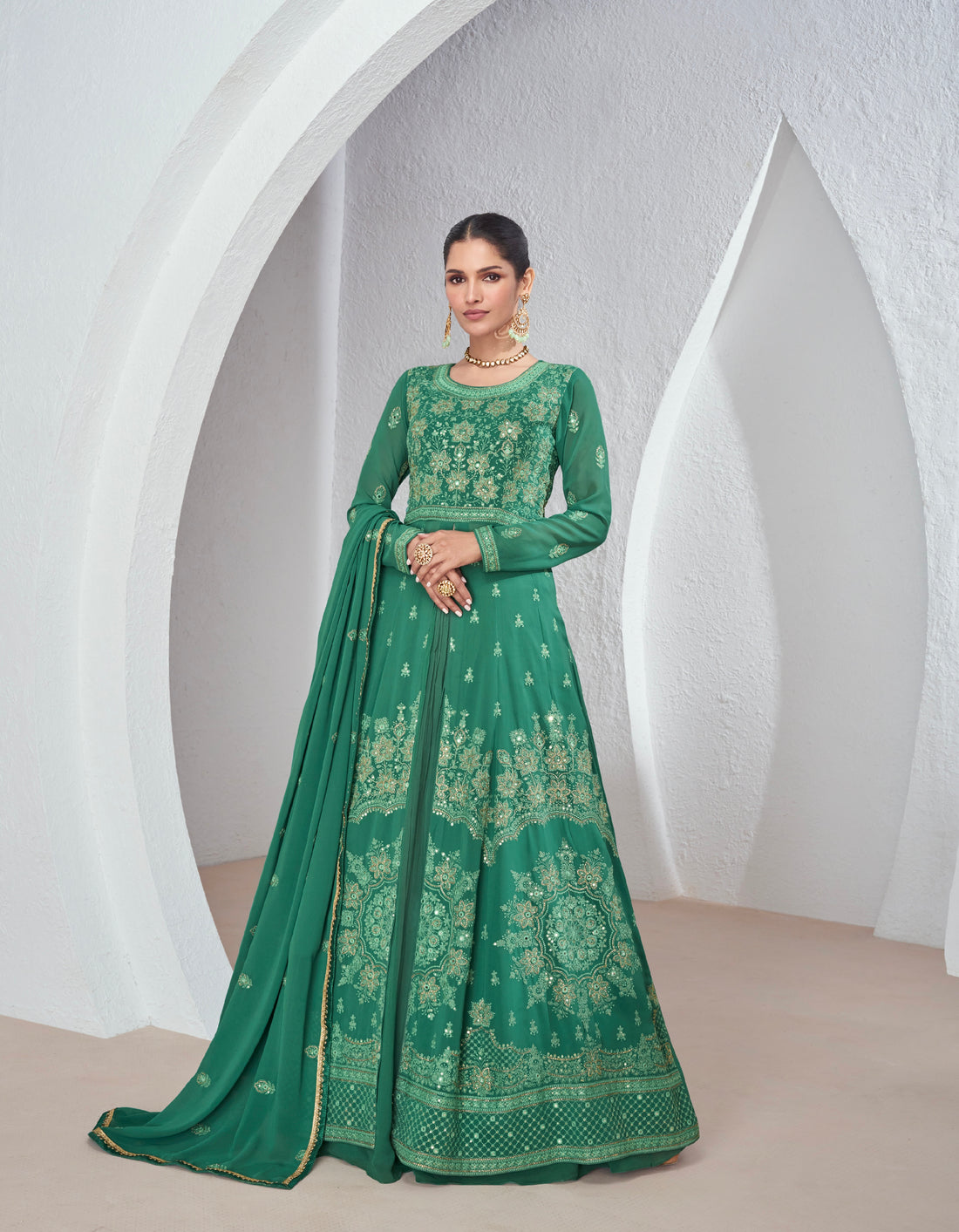 Green Embroidered Anarkali Suit with Premium Net Dupatta