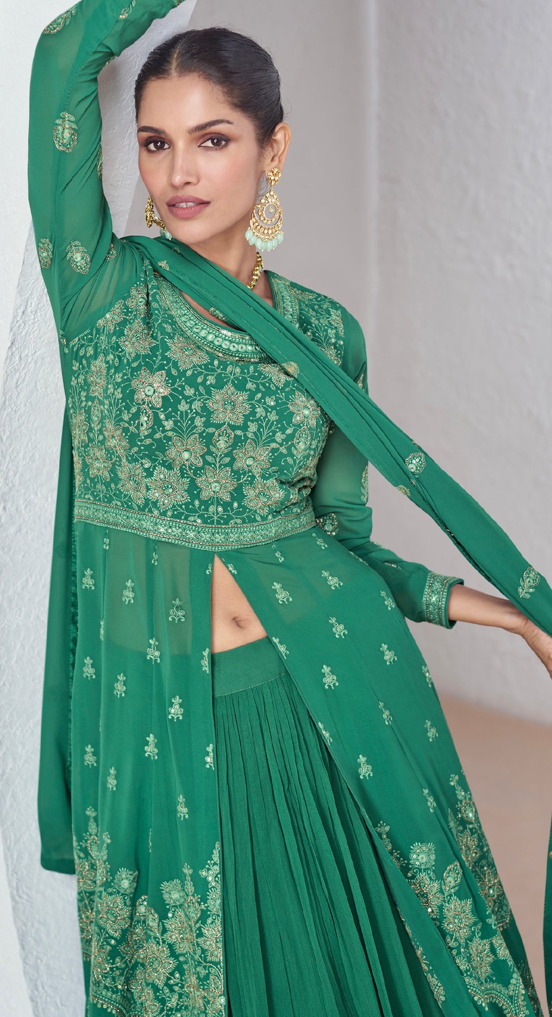 Green Embroidered Anarkali Suit with Premium Net Dupatta