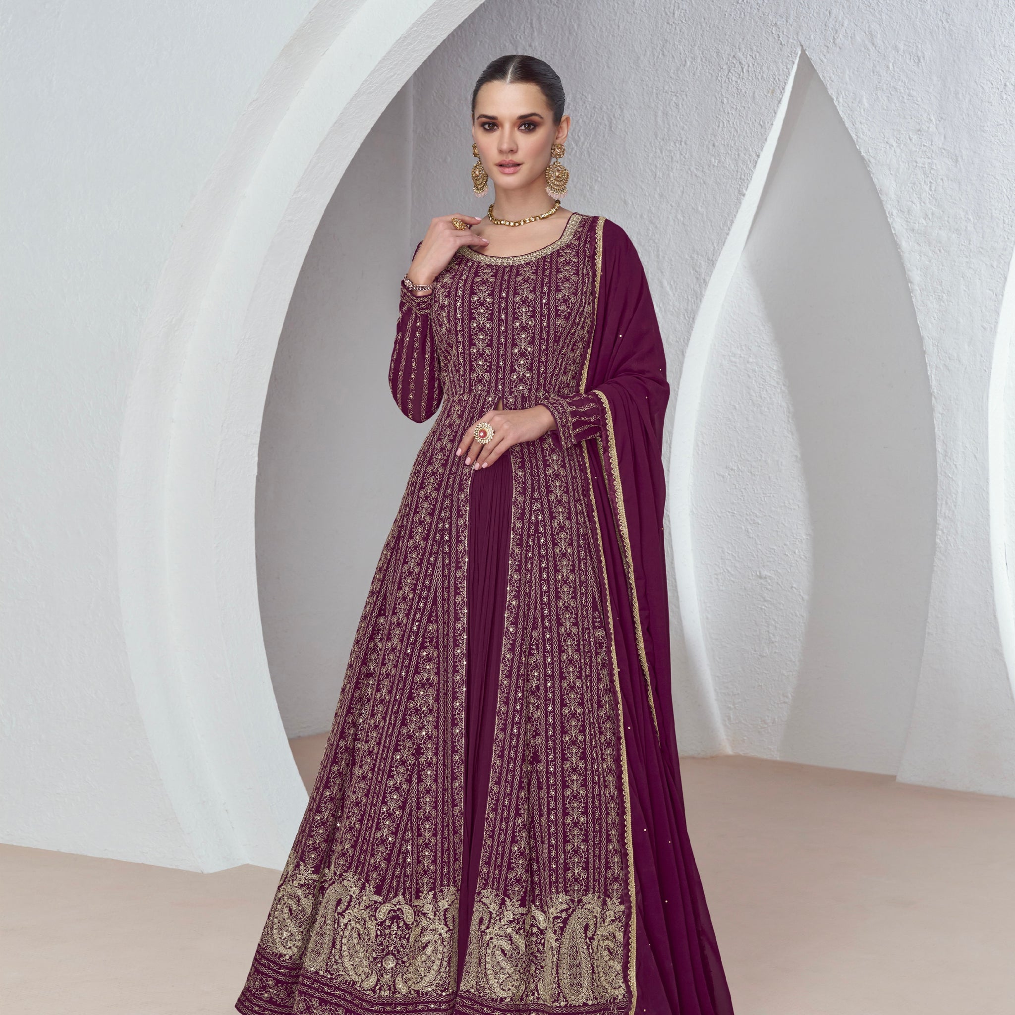 Maroon Embroidered Anarkali Suit with Premium Net Dupatta