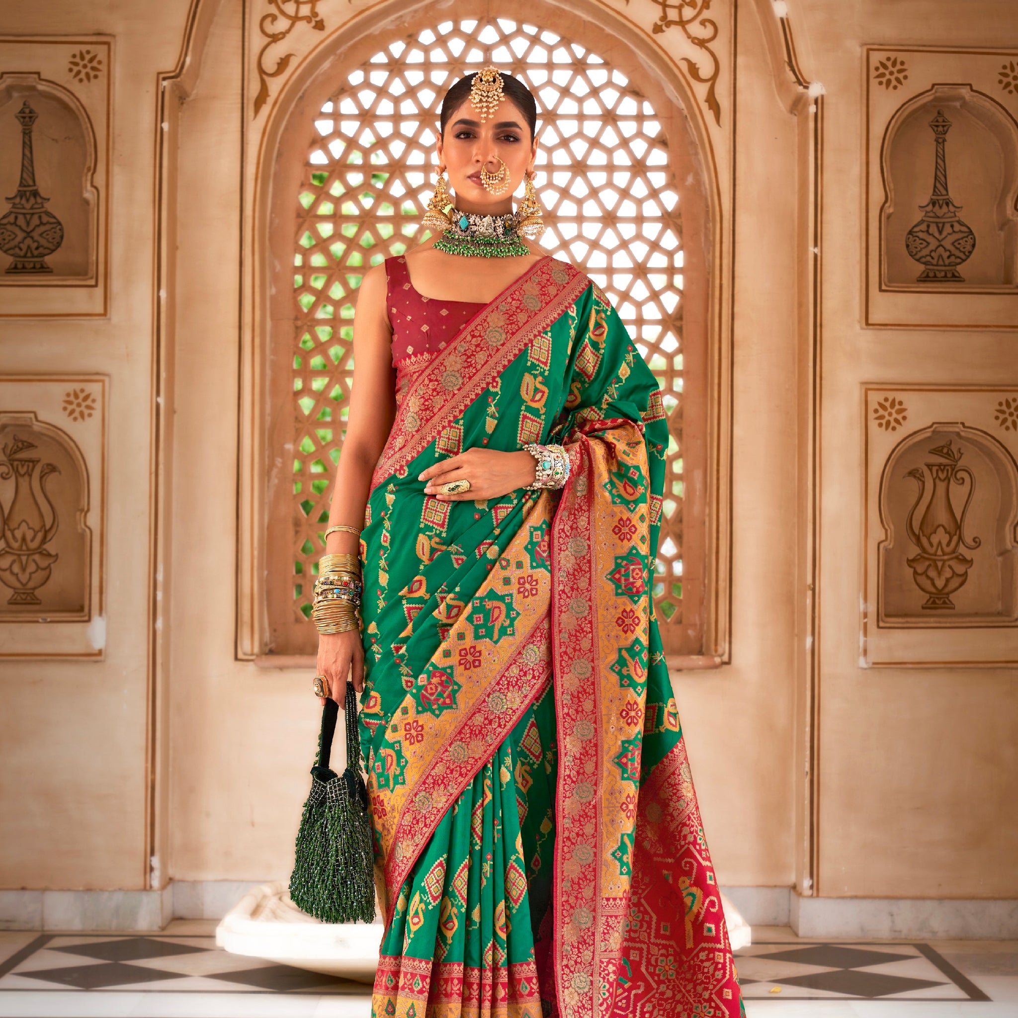 Green and Pink Banarasi Silk Saree with Gold Zari Weaving and Blouse