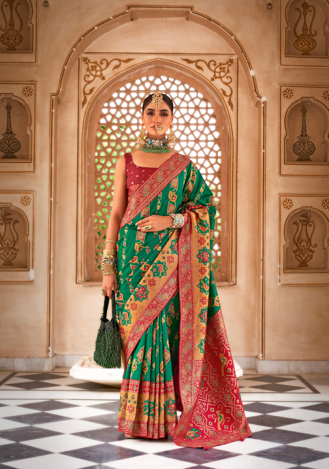 Green and Pink Banarasi Silk Saree with Gold Zari Weaving and Blouse