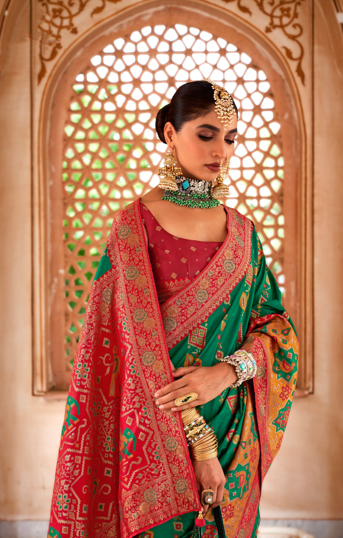 Green and Pink Banarasi Silk Saree with Gold Zari Weaving and Blouse