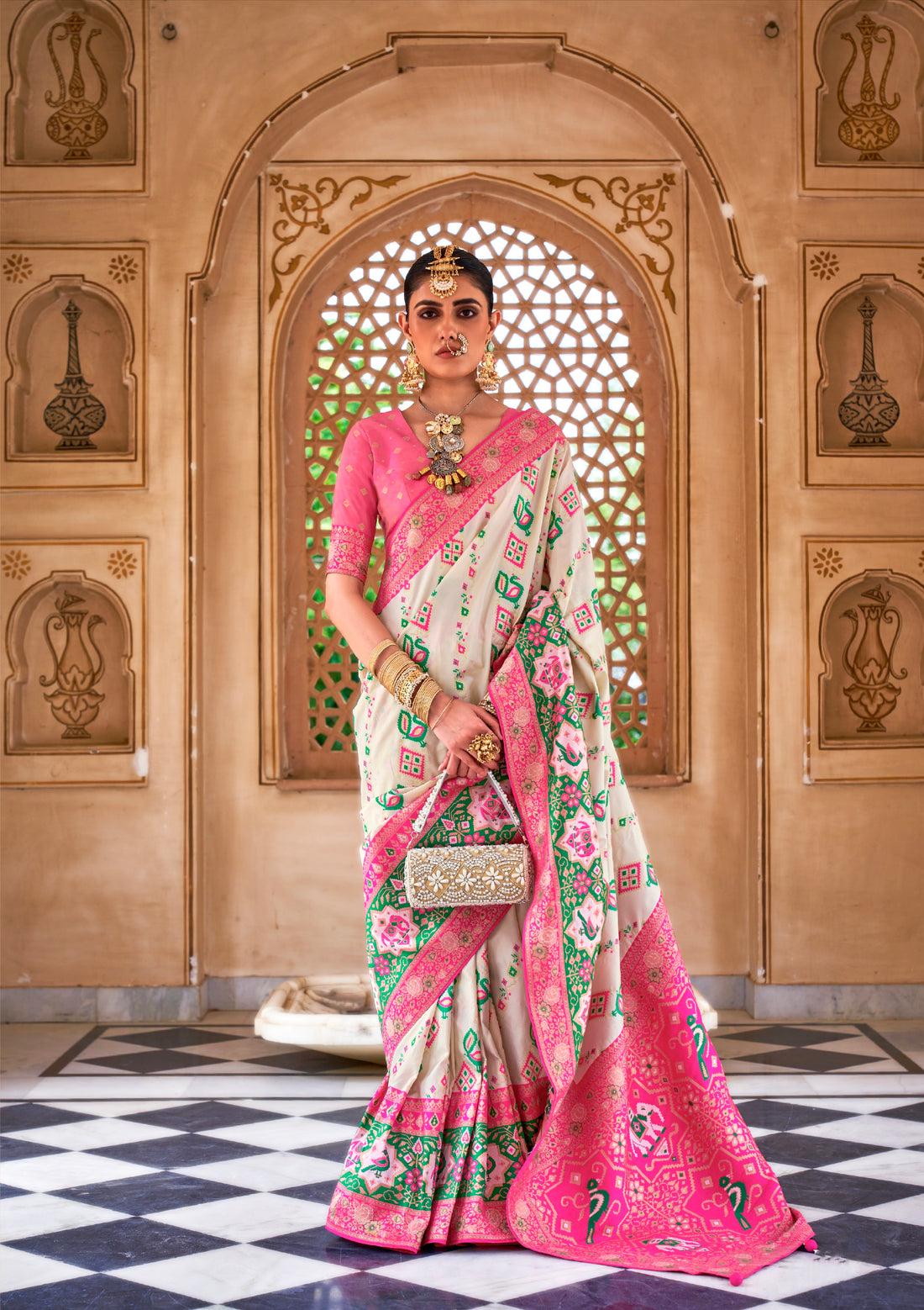 Off-White and Pink Banarasi Silk Saree with Green Zari Weaving and Blouse