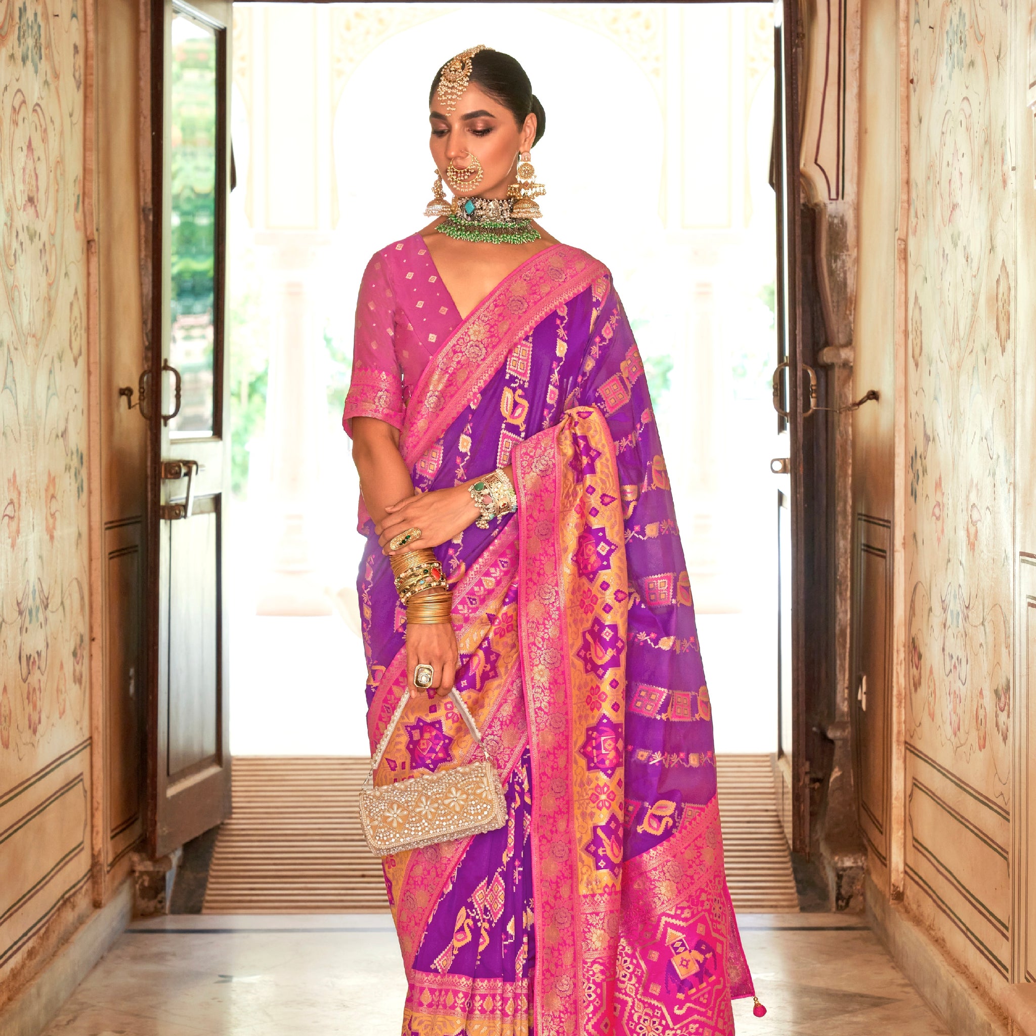 Purple and Pink Banarasi Silk Saree with Gold Zari Weaving and Blouse