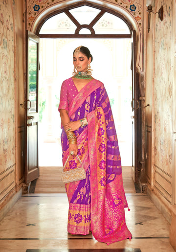 Purple and Pink Banarasi Silk Saree with Gold Zari Weaving and Blouse