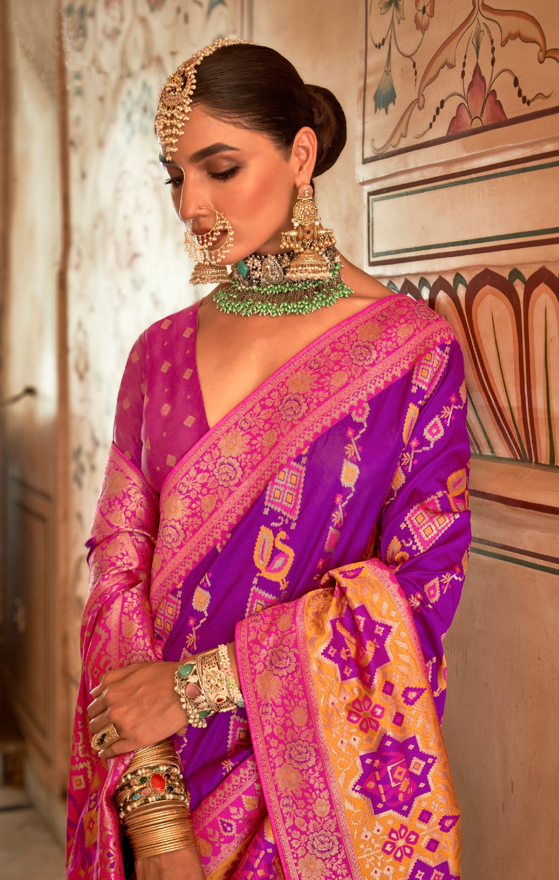 Purple and Pink Banarasi Silk Saree with Gold Zari Weaving and Blouse