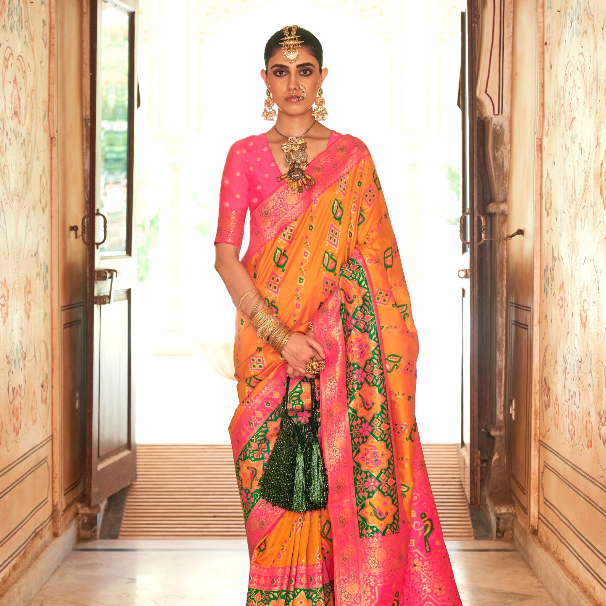 Yellow and Pink Banarasi Silk Saree with Green Zari Weaving and Blouse