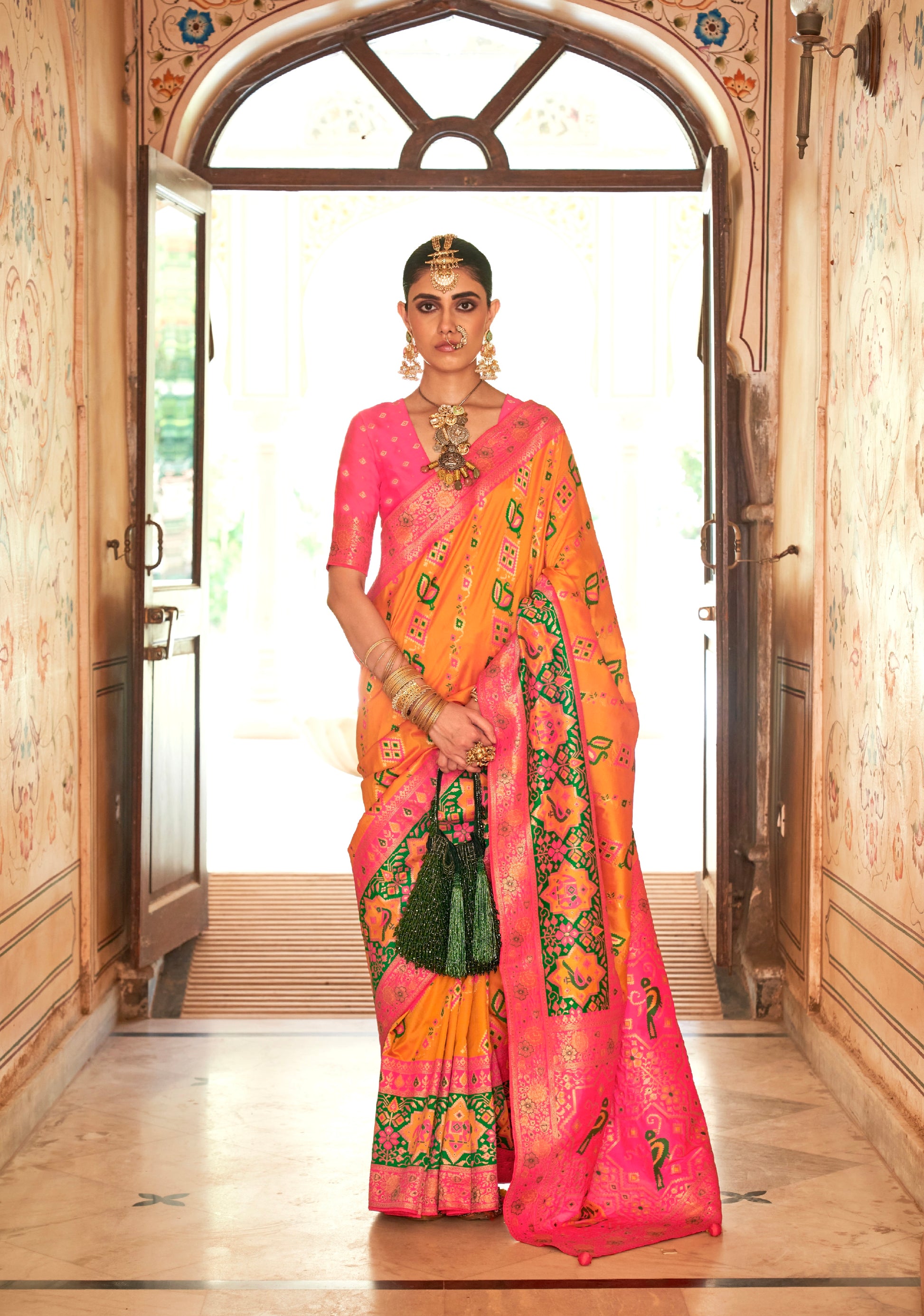 Yellow and Pink Banarasi Silk Saree with Green Zari Weaving and Blouse