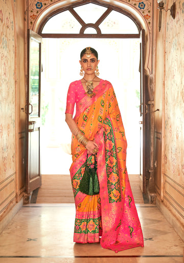 Yellow and Pink Banarasi Silk Saree with Green Zari Weaving and Blouse