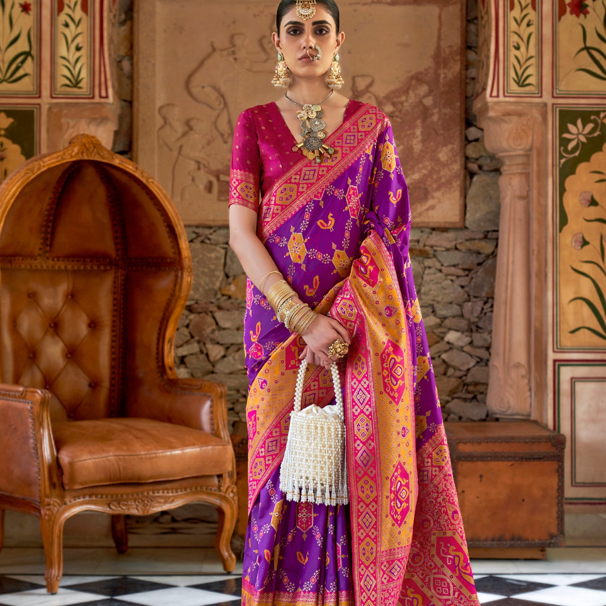 Purple and Pink Banarasi Silk Saree with Gold Zari Weaving and Blouse