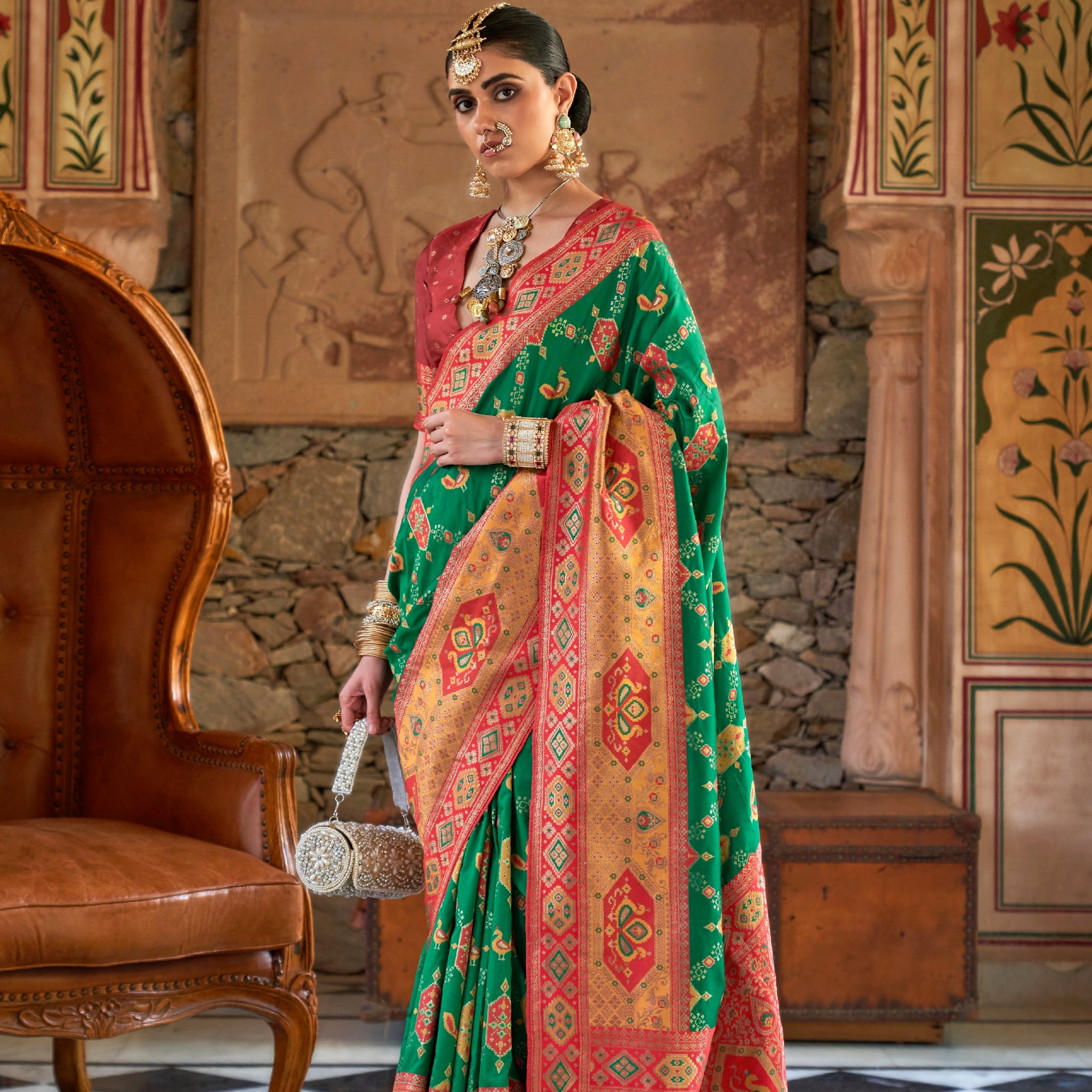 Green and Red Banarasi Silk Saree with Gold Zari Weaving and Blouse