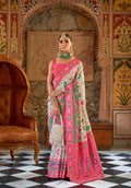 Off-White and Pink Banarasi Silk Saree with Gold Zari Weaving and Blouse