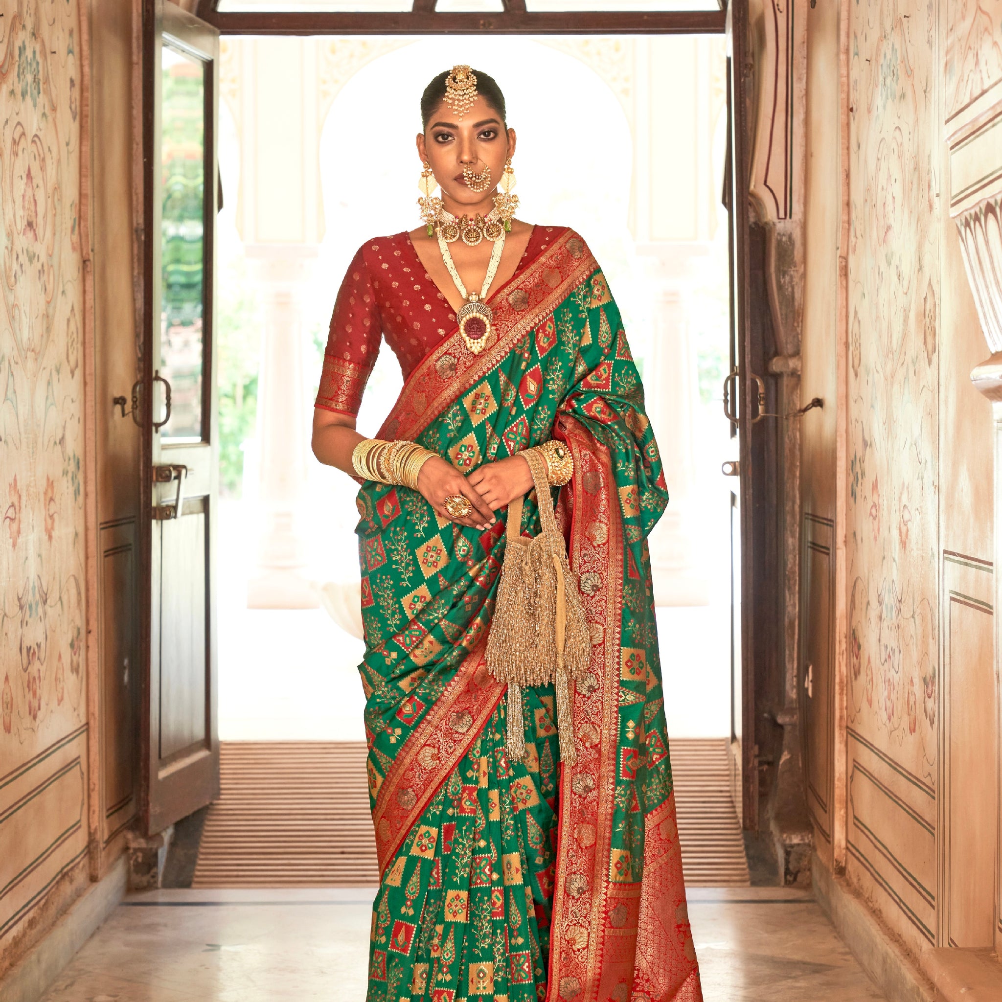 Green and Red Banarasi Silk Saree with Gold Zari Weaving and Blouse