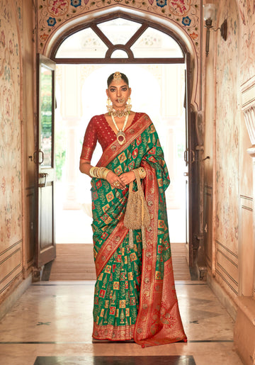 Green and Red Banarasi Silk Saree with Gold Zari Weaving and Blouse