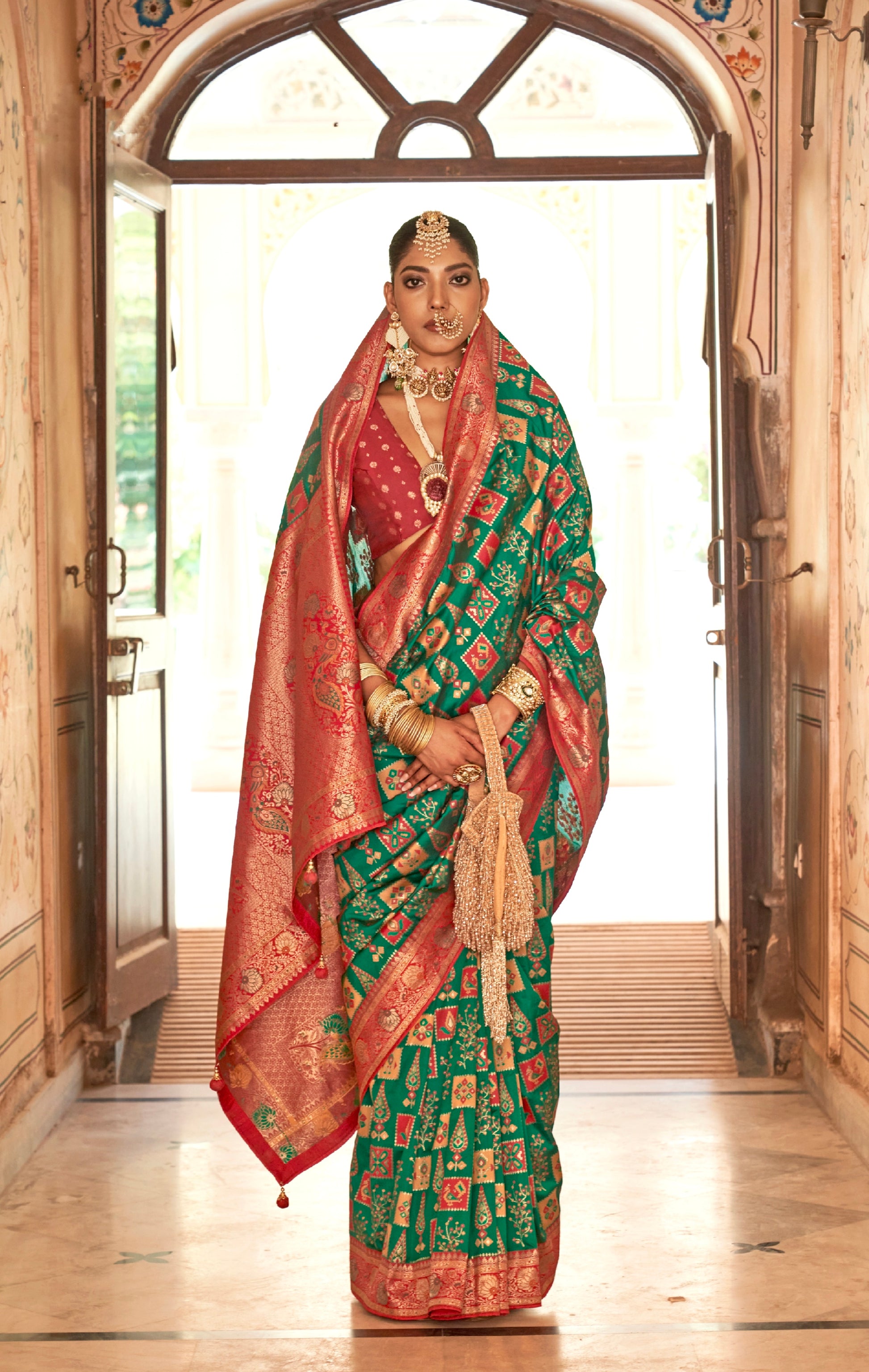 Green and Red Banarasi Silk Saree with Gold Zari Weaving and Blouse