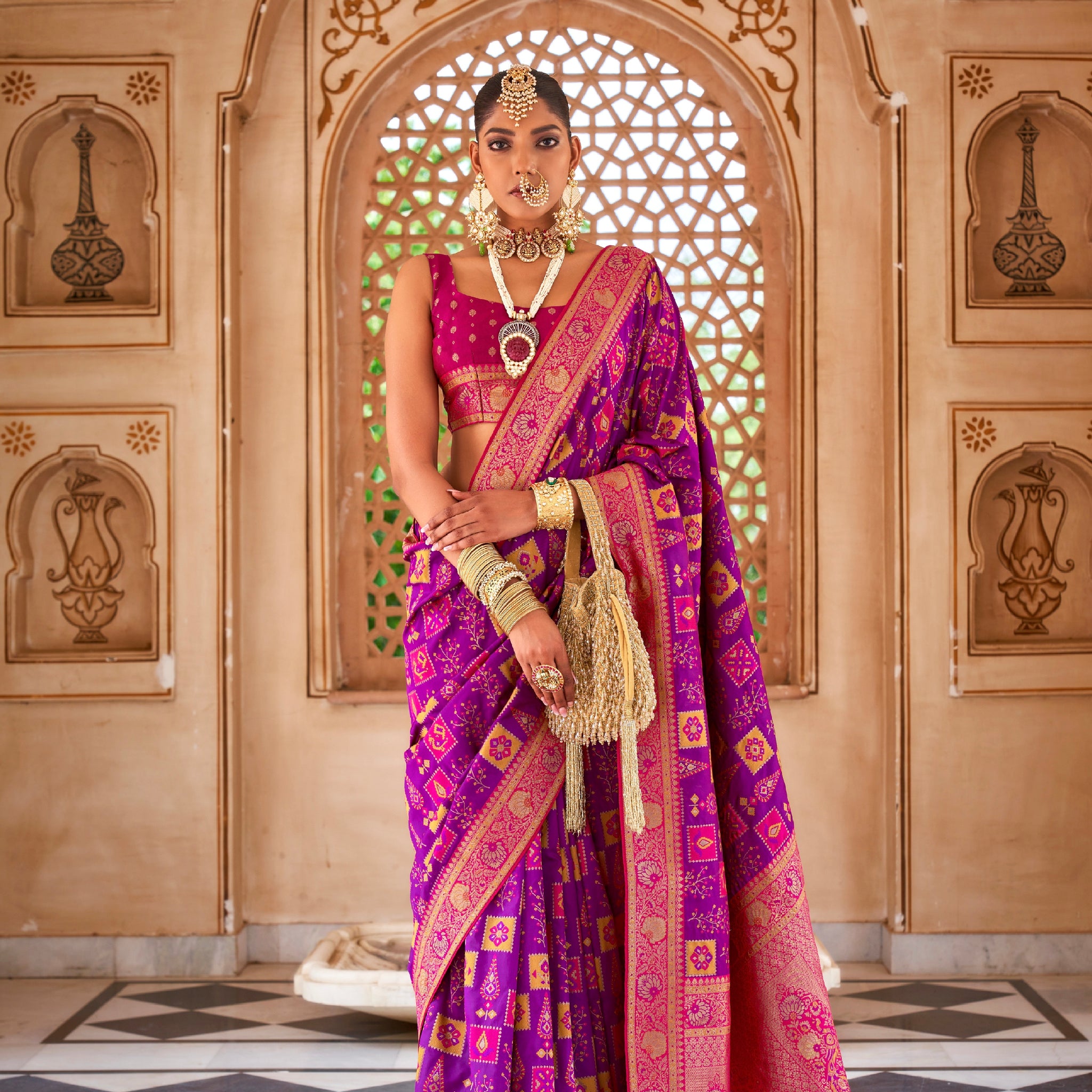 Purple and Pink Banarasi Silk Saree with Gold Zari Weaving and Blouse