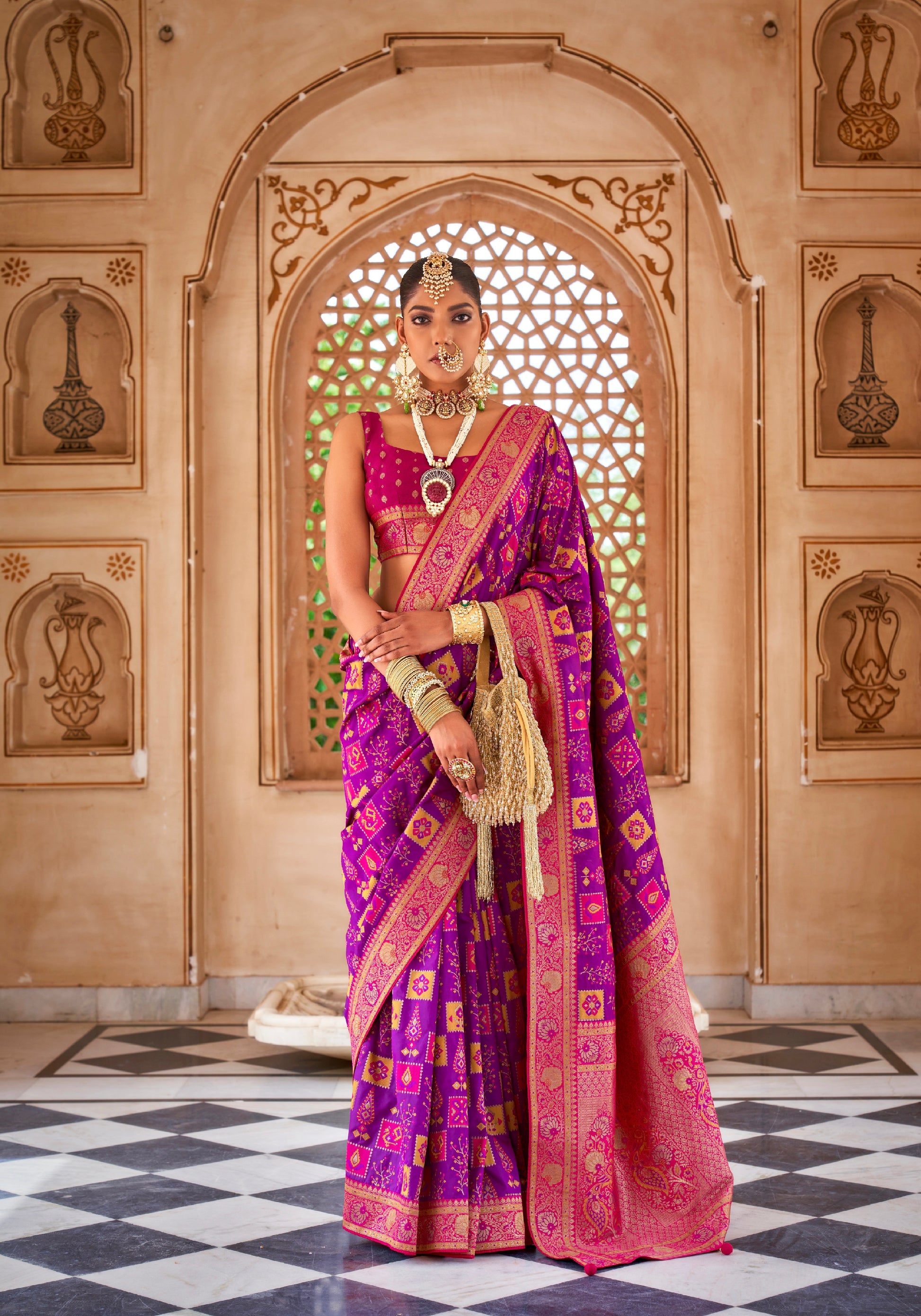 Purple and Pink Banarasi Silk Saree with Gold Zari Weaving and Blouse