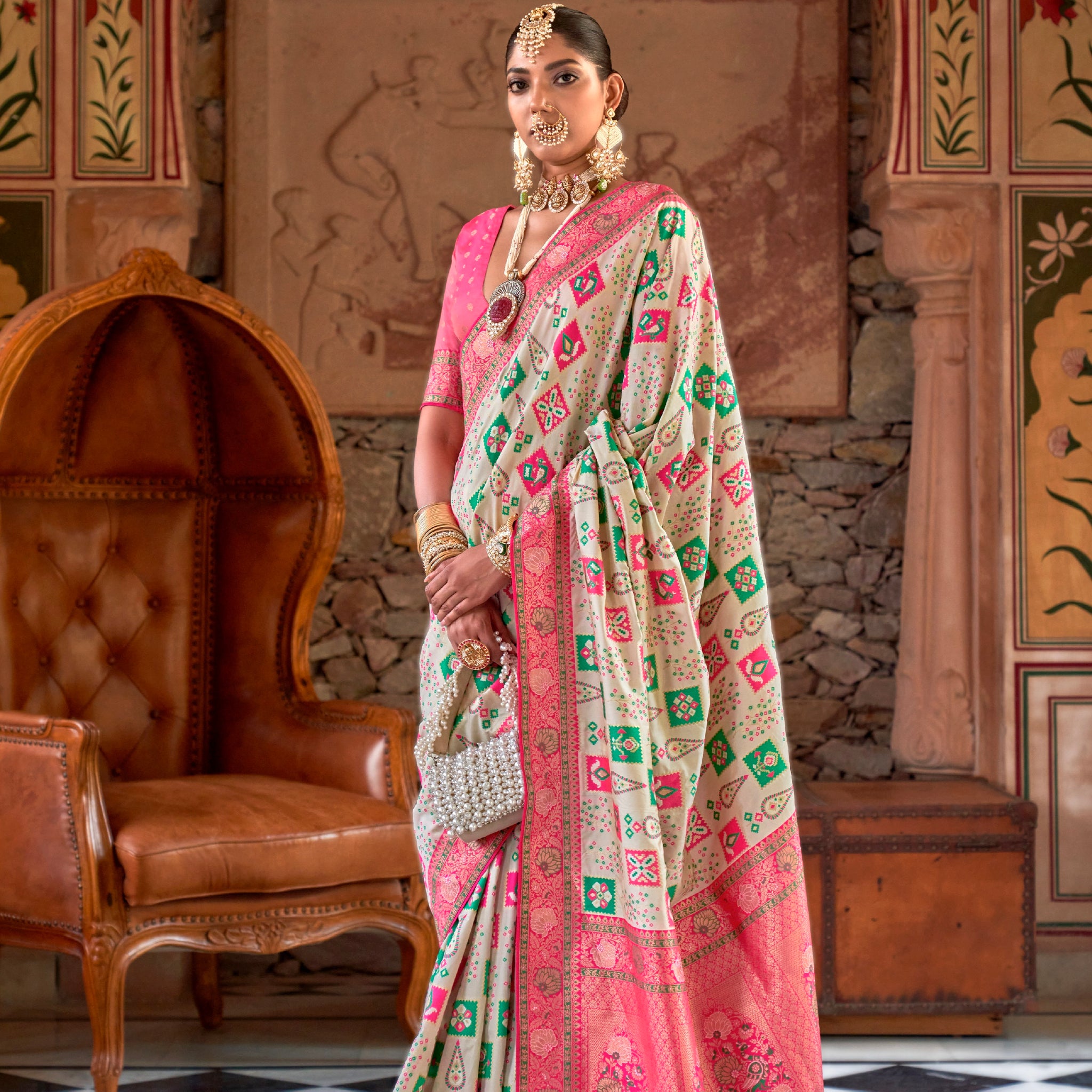 Off-White and Pink Banarasi Silk Saree with Green Zari Weaving and Blouse