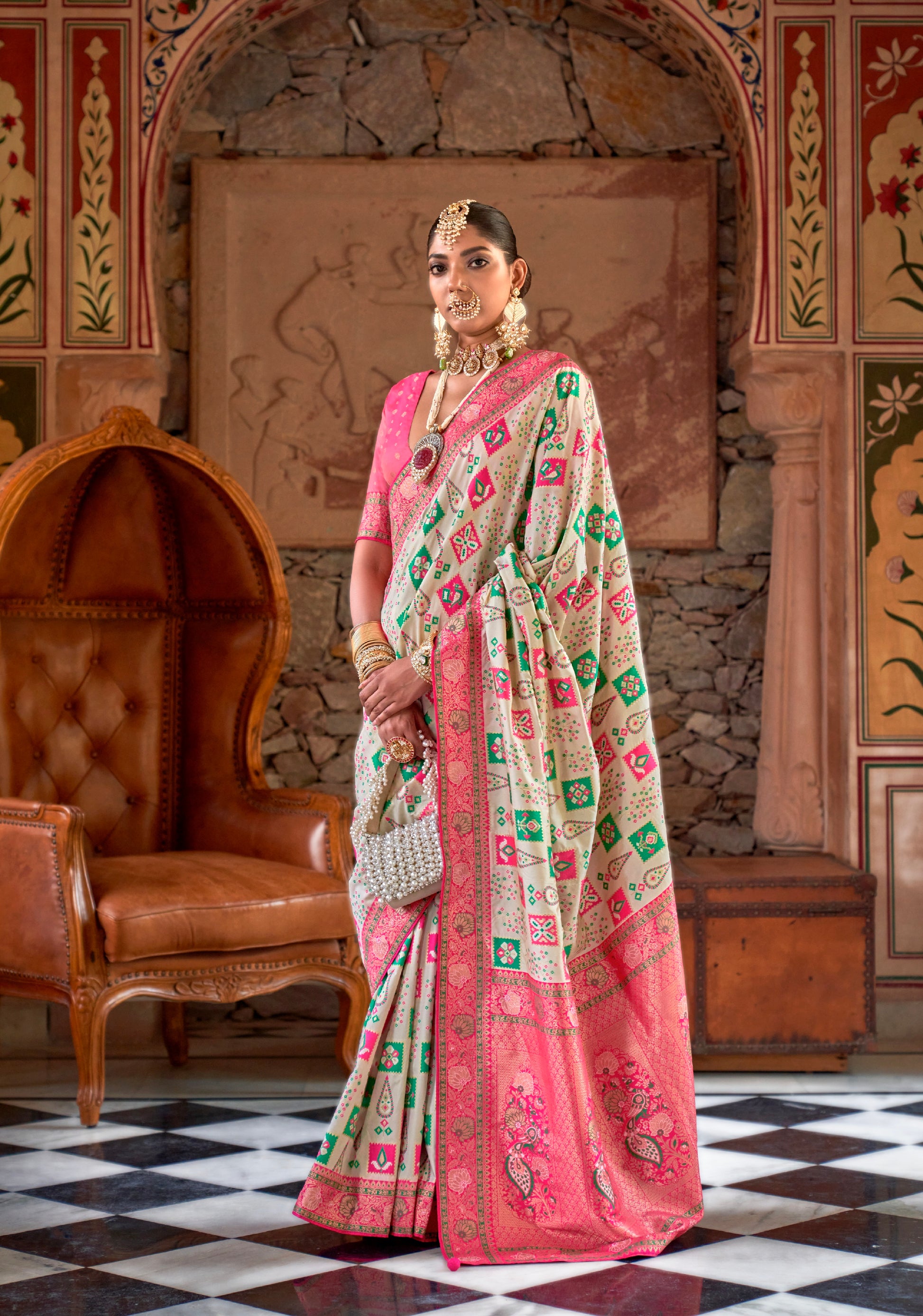 Off-White and Pink Banarasi Silk Saree with Green Zari Weaving and Blouse