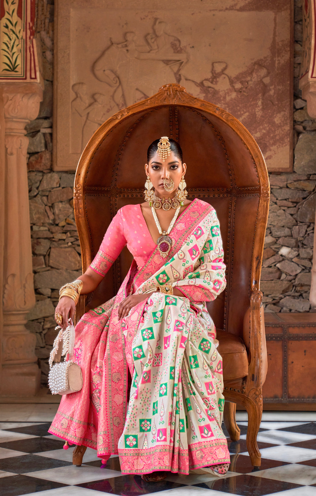 Off-White and Pink Banarasi Silk Saree with Green Zari Weaving and Blouse