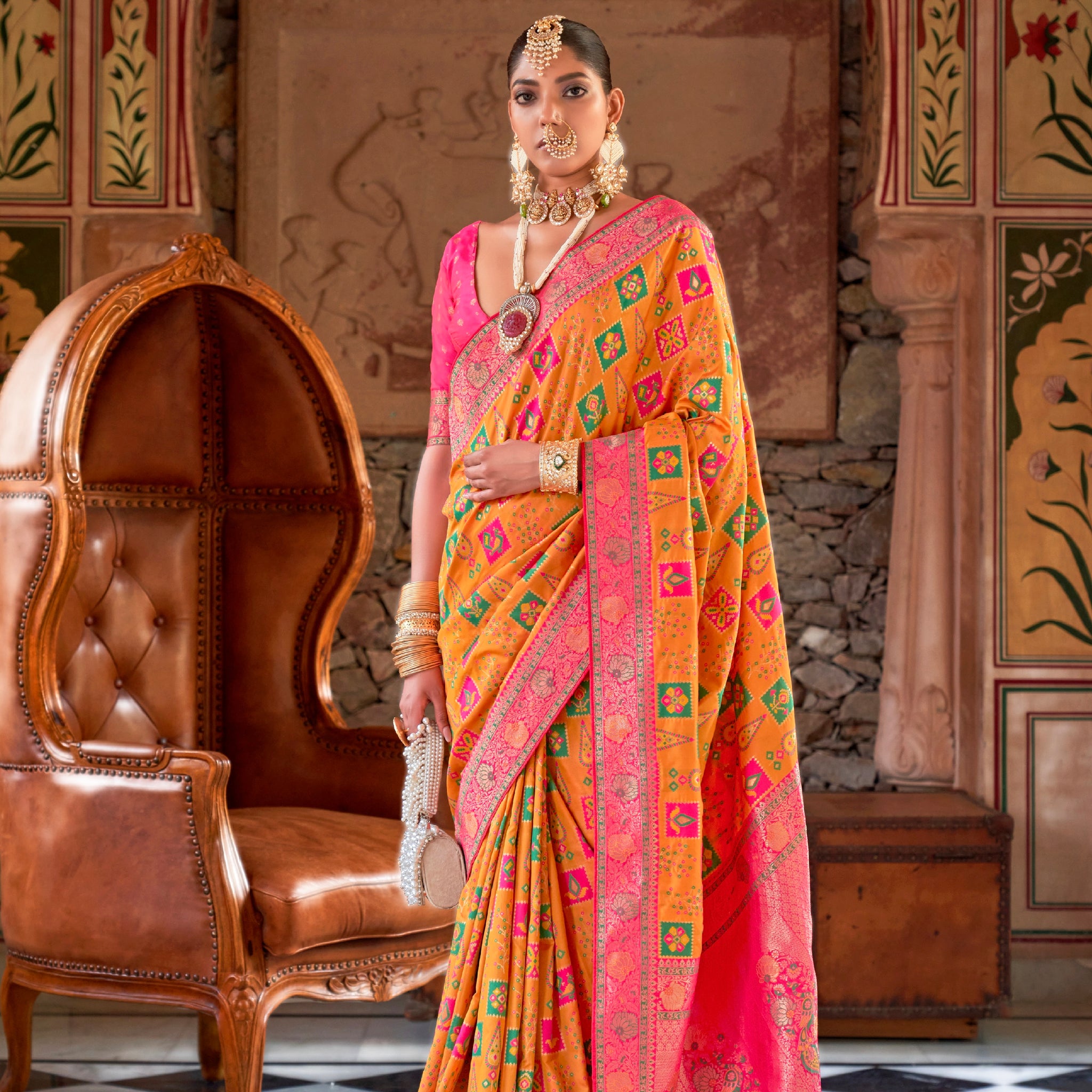 Yellow and Pink Banarasi Silk Saree with Green Zari Weaving and Blouse