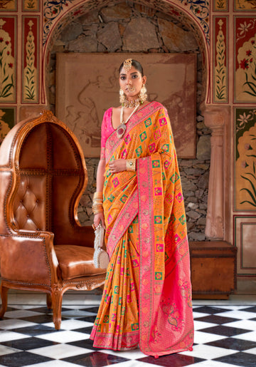 Yellow and Pink Banarasi Silk Saree with Green Zari Weaving and Blouse