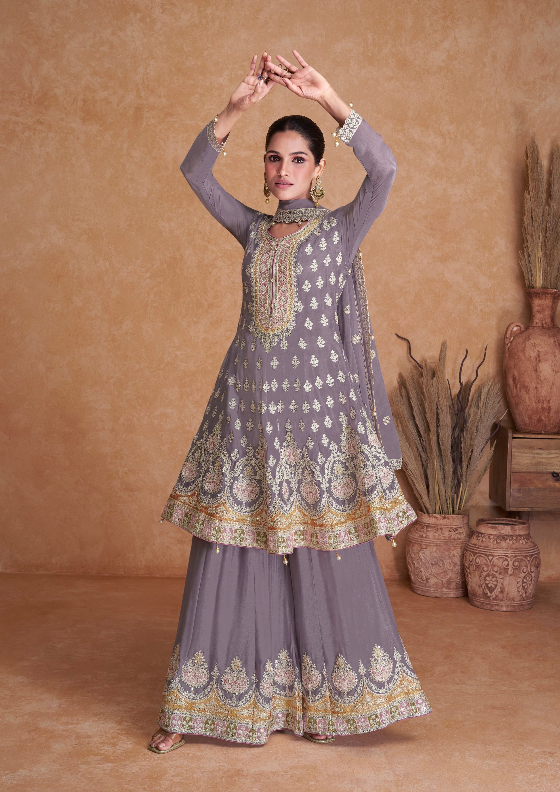 Grey Chinon Anarkali Suit with Silver and Gold Embroidery Work