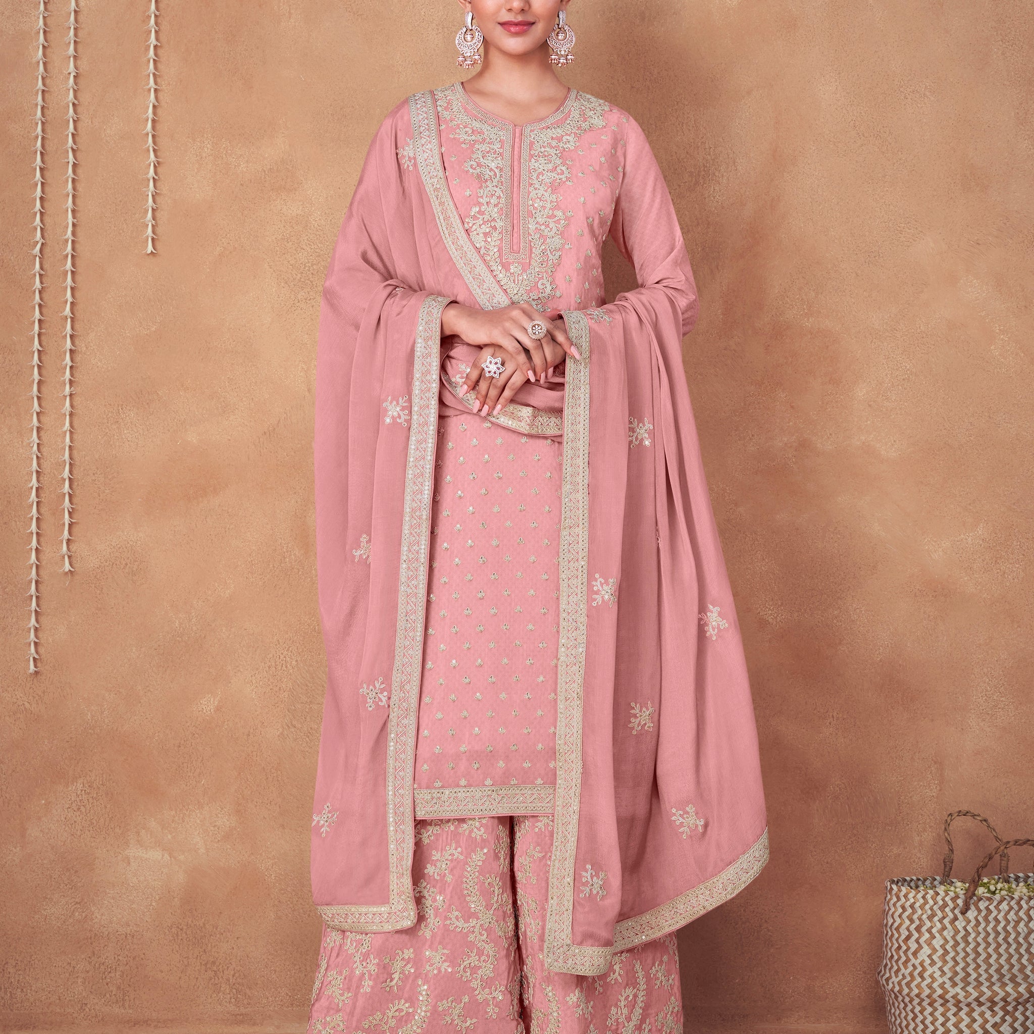 Pink Chinon Anarkali Suit with Gold Embroidery Work