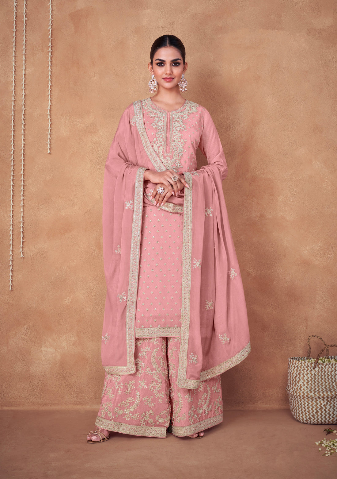 Pink Chinon Anarkali Suit with Gold Embroidery Work