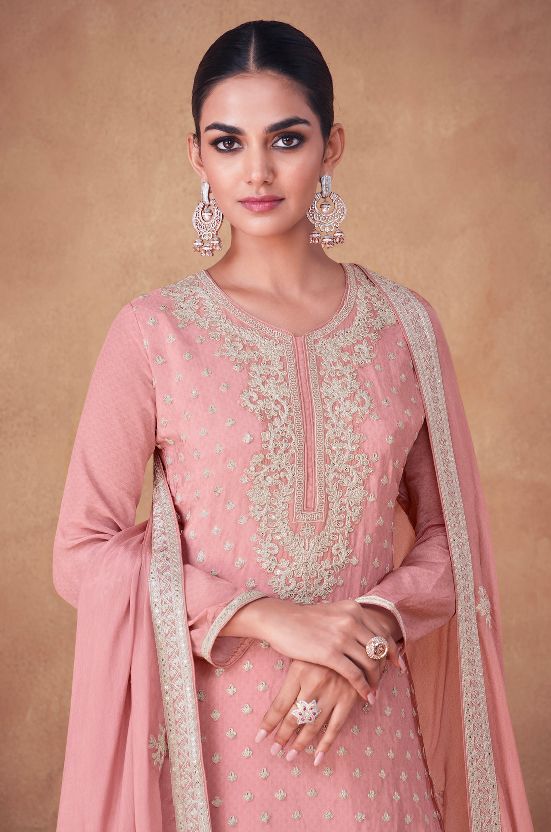 Pink Chinon Anarkali Suit with Gold Embroidery Work