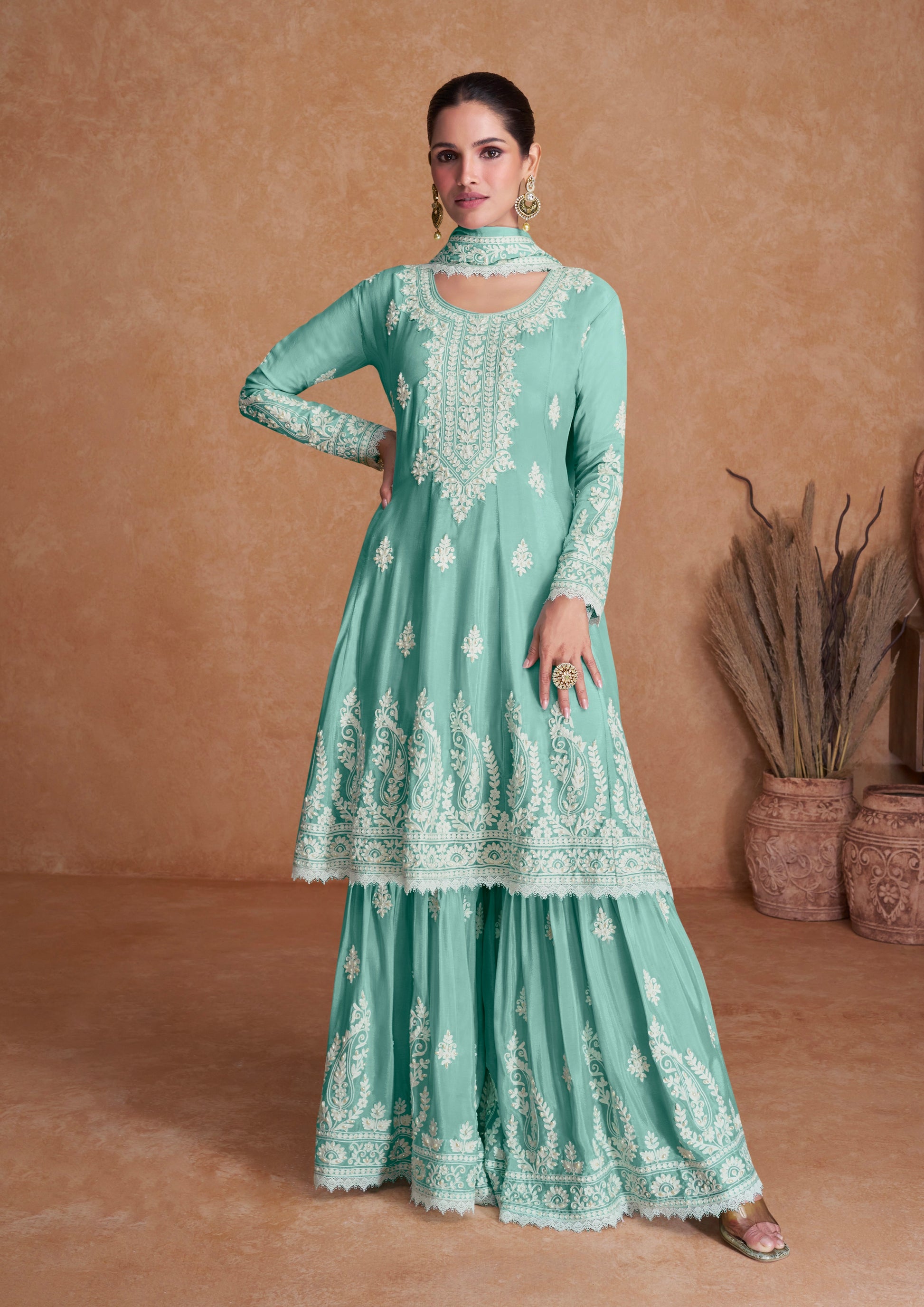 Sea Green Chinon Anarkali Suit with White Embroidery Work