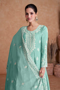 Sea Green Chinon Anarkali Suit with White Embroidery Work