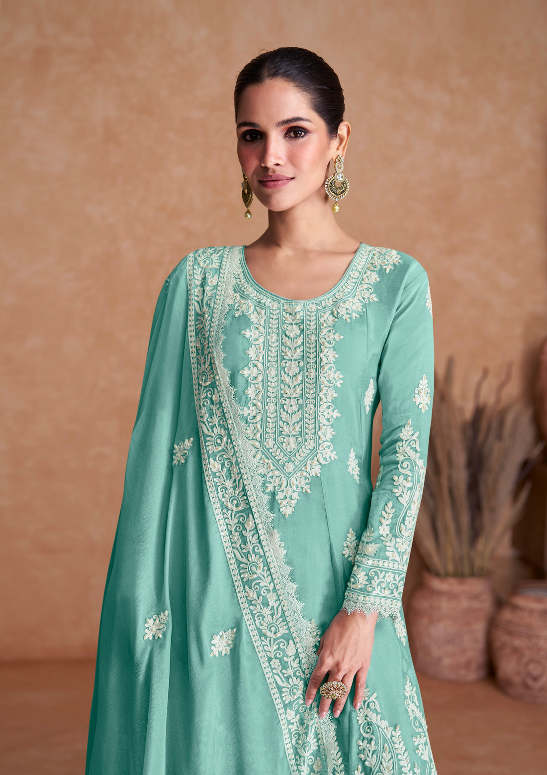 Sea Green Chinon Anarkali Suit with White Embroidery Work