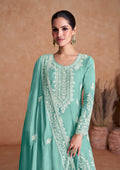 Sea Green Chinon Anarkali Suit with White Embroidery Work