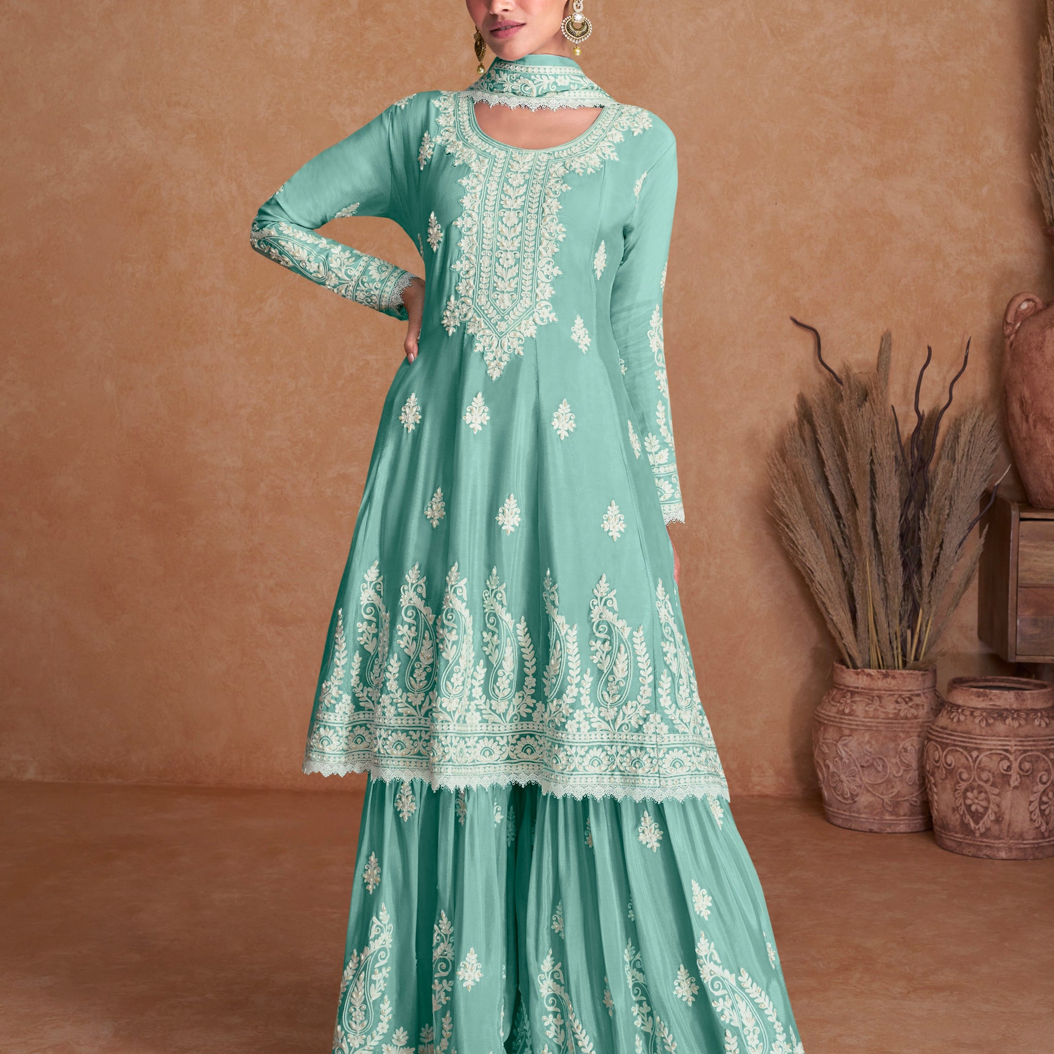 Sea Green Chinon Anarkali Suit with White Embroidery Work