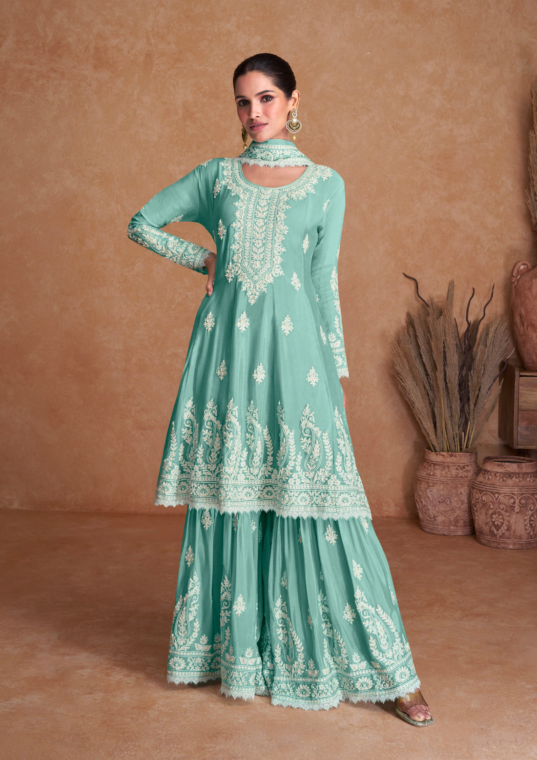 Sea Green Chinon Anarkali Suit with White Embroidery Work