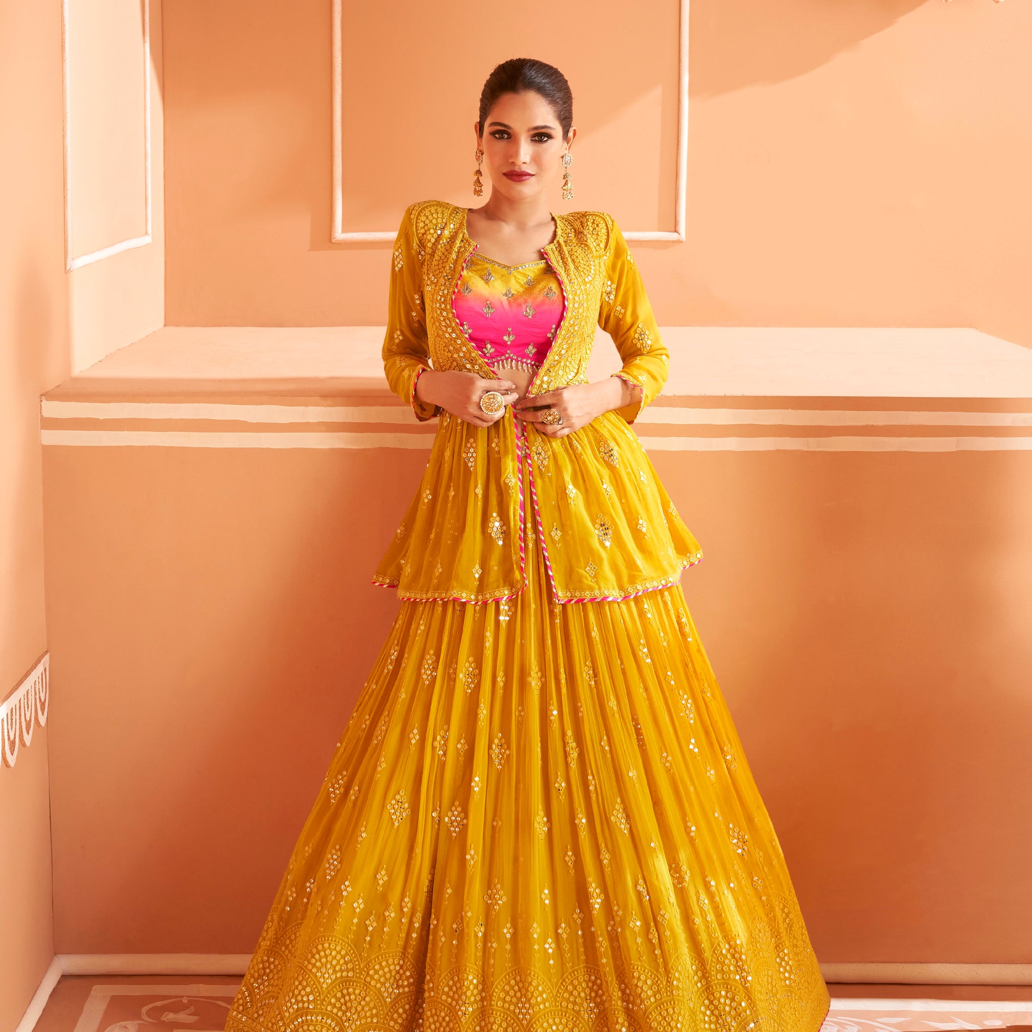 Yellow Chinon Silk Lehenga with Gold and Pink Embroidery