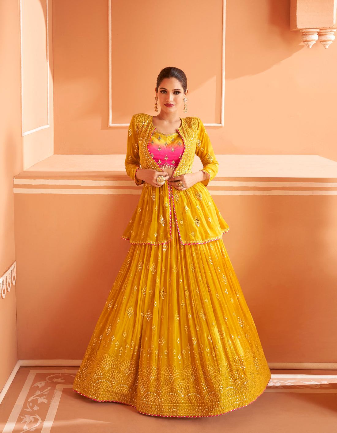 Yellow Chinon Silk Lehenga with Gold and Pink Embroidery