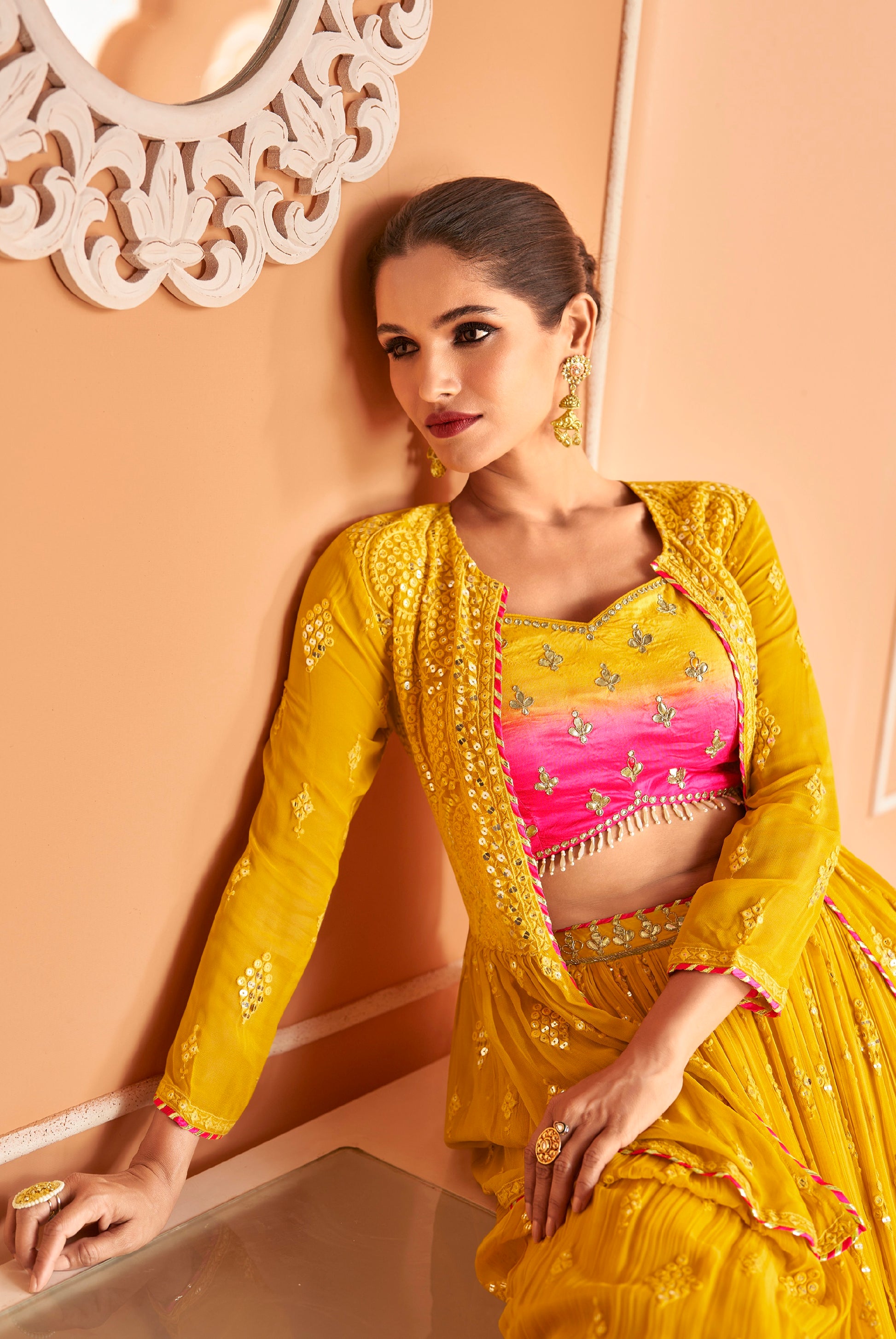 Yellow Chinon Silk Lehenga with Gold and Pink Embroidery