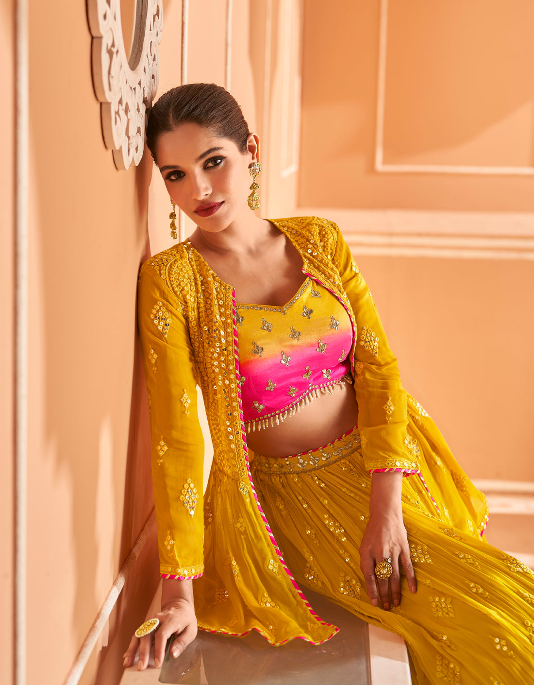 Yellow Chinon Silk Lehenga with Gold and Pink Embroidery