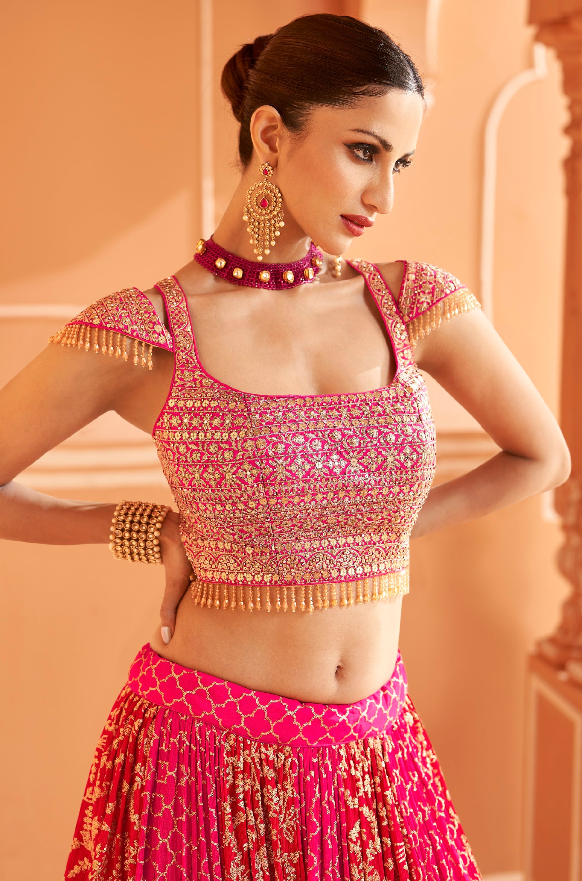 Pink Georgette Lehenga with Gold and Red Embroidery