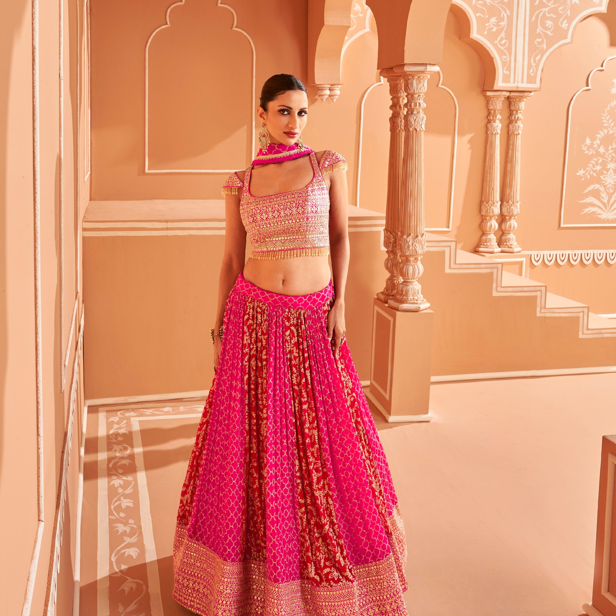 Pink Georgette Lehenga with Gold and Red Embroidery